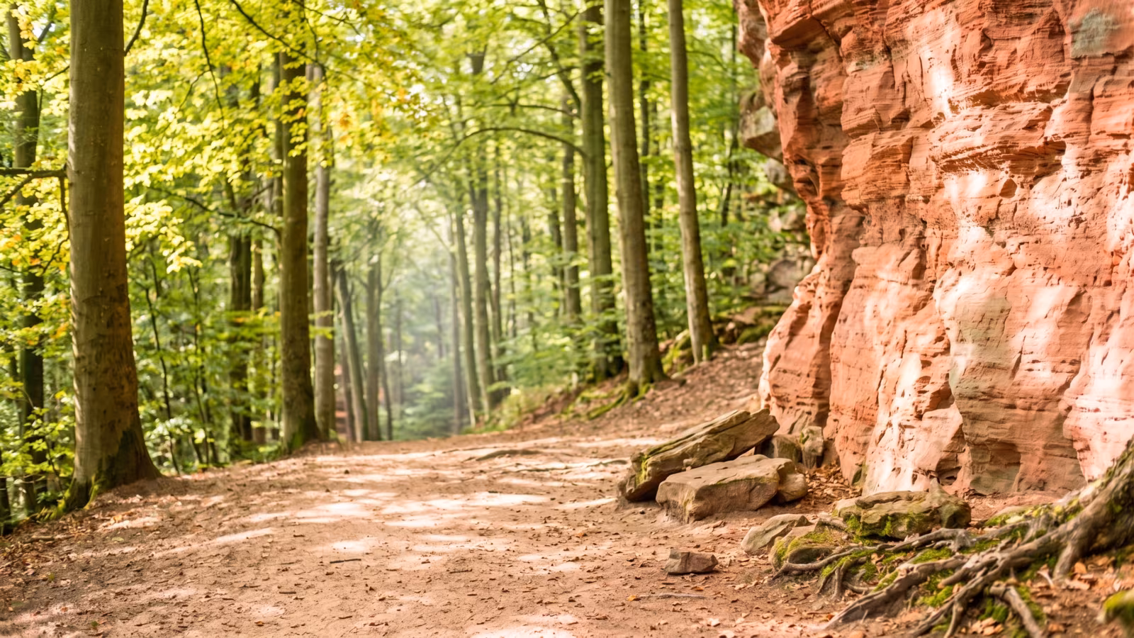 Buntsandsteinfelsen am Wanderweg im Dahner Felsenland